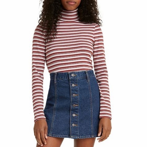 NWT Levi’s Ellie Fine Ribbed Striped Turtleneck Top Pink/White - Picture 1 of 5
